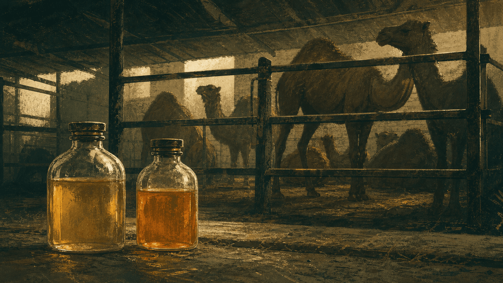 Ilustrasi editorial botol cairan amber di depan kandang unta