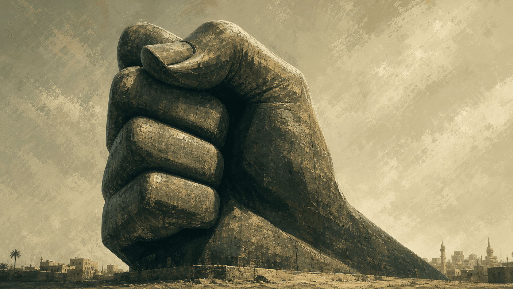 Ilustrasi editorial monumen kepalan tangan batu