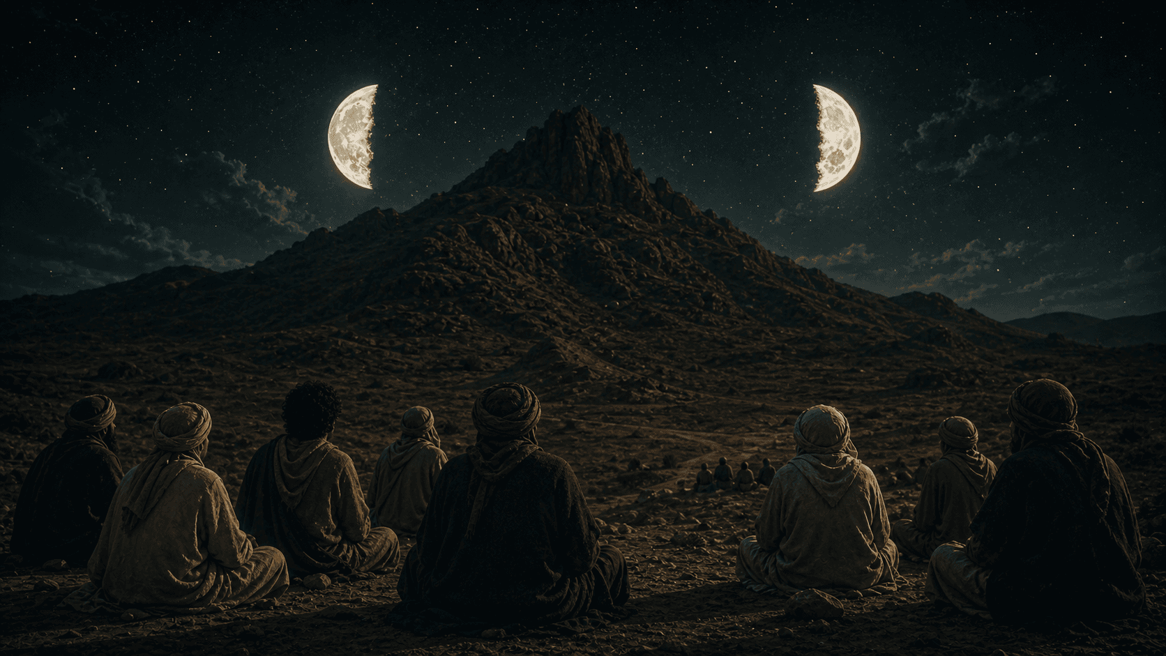 Ilustrasi editorial orang-orang duduk menyaksikan bulan terbelah di kiri dan kanan gunung