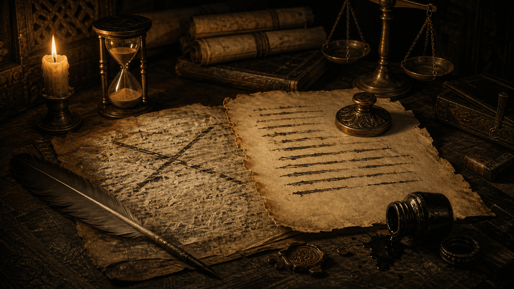Ilustrasi editorial manuskrip palimpsest dengan koreksi hukum di meja scriptorium gelap