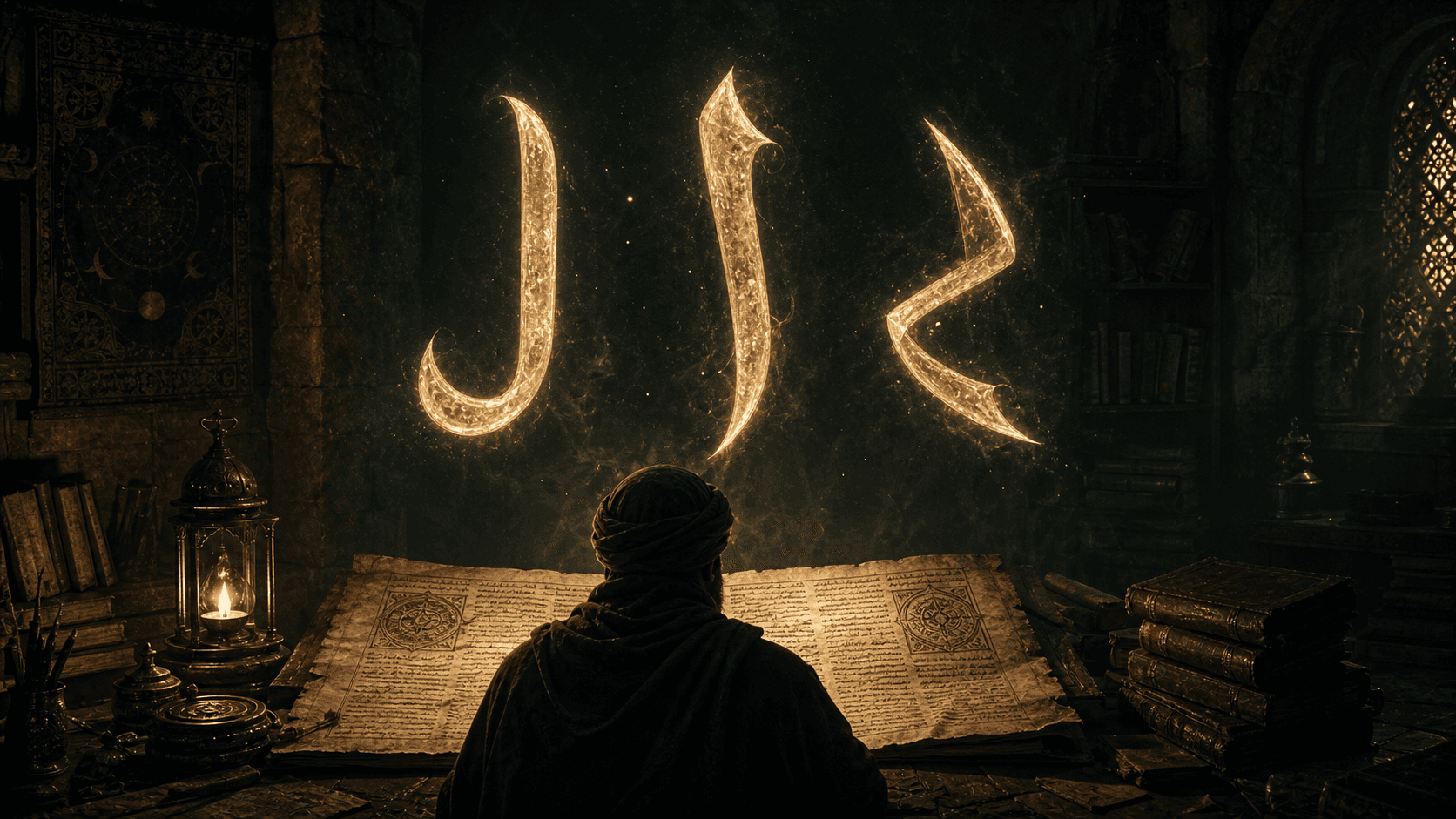 Ilustrasi editorial tiga glyph bercahaya di atas manuskrip dalam ruang studi kuno