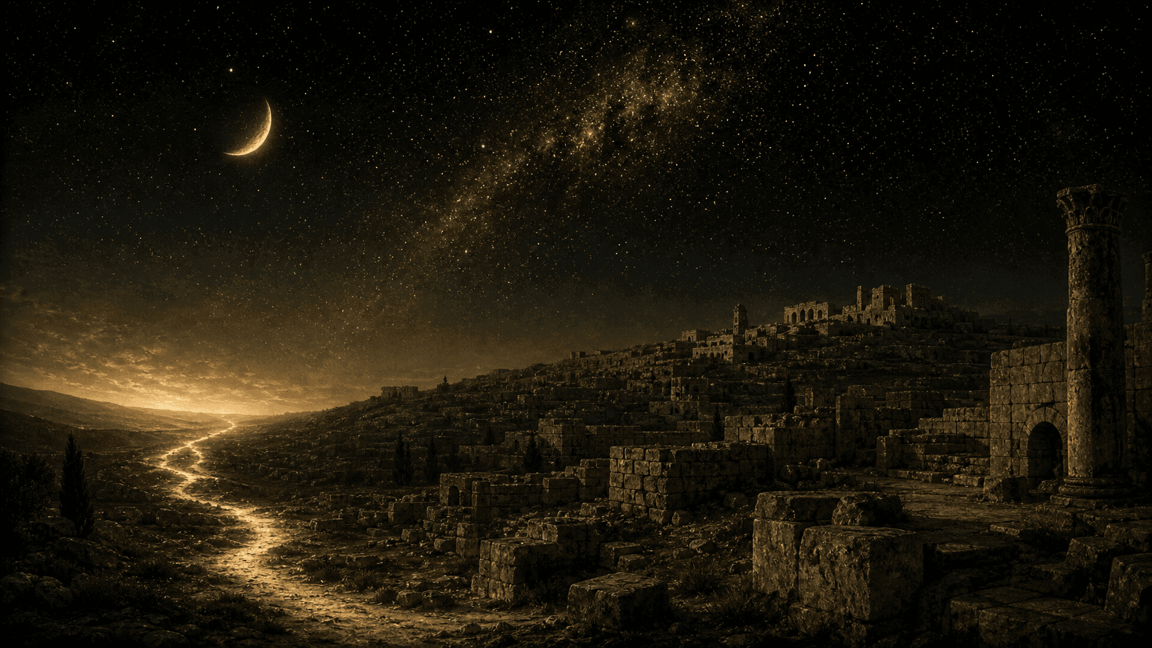 Ilustrasi editorial langit berbintang di atas reruntuhan kota kuno malam hari